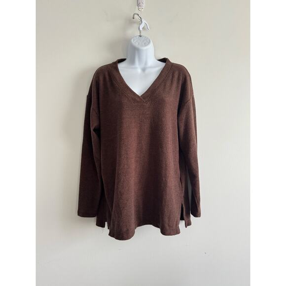 Old Navy Brown Plush Tee Long Sleeve V-Neck Top Small Soft Cozy Fall Basic - Picture 1 of 6